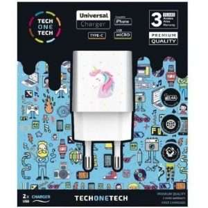 Cargador de Pared Tech One Tech Unicornio Dream/ 2xUSB/ 2.4A/ Blanco