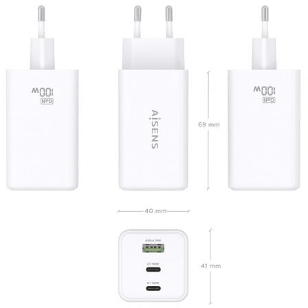 Cargador de pared gan aisens asch-100w3p051-w/ 2xusb tipo-c/ 1xusb/ 100w - Imagen 4