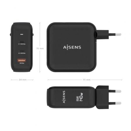 Cargador de pared gan aisens asch-140w3p031-bk/ 2xusb tipo-c/ 1xusb/ 140w - Imagen 4