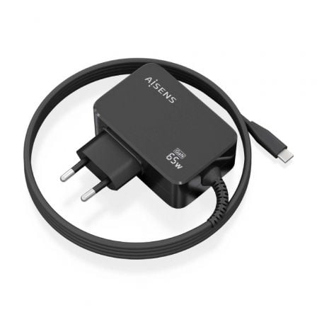Cargador de pared gan aisens asch-1pd65wl033-bk/ 1xusb tipo-c + cable 1.8m/ 65w