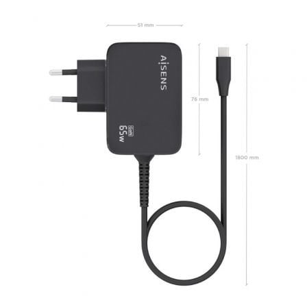 Cargador de pared gan aisens asch-1pd65wl033-bk/ 1xusb tipo-c + cable 1.8m/ 65w - Imagen 4