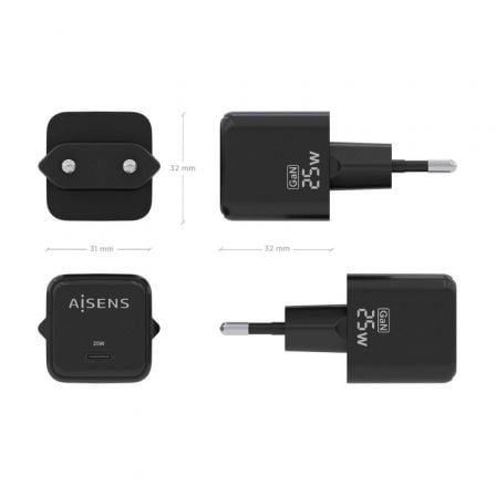 Cargador de pared gan aisens asch-25w1p013-bk/ 1xusb tipo-c/ 25w - Imagen 4
