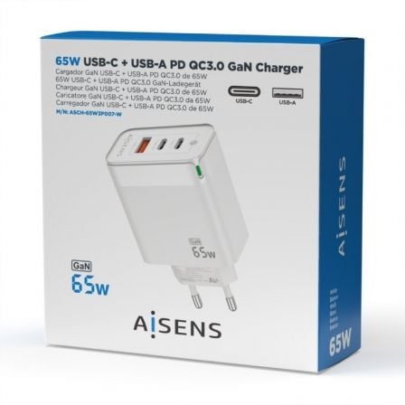 Cargador de pared gan aisens asch-65w3p007-w/ 2xusb tipo-c/ 1x usb/ 65w - Imagen 4