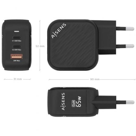 Cargador de pared gan aisens asch-65w3p027-bk/ 2xusb tipo-c/ 1xusb/ 65w - Imagen 4