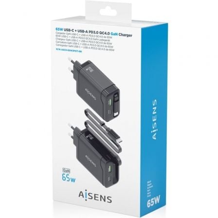 Cargador de pared gan aisens asch-65w3p071-bk/ 1xusb tipo-c/ 1xusb/ 65w/ negro - Imagen 4