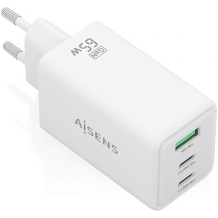 Cargador de pared gan aisens asch-65w3p072-w/ 2xusb tipo-c/ 1xusb/ 65w/ blanco