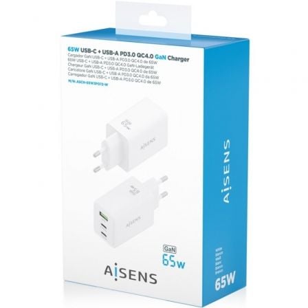 Cargador de pared gan aisens asch-65w3p072-w/ 2xusb tipo-c/ 1xusb/ 65w/ blanco - Imagen 4