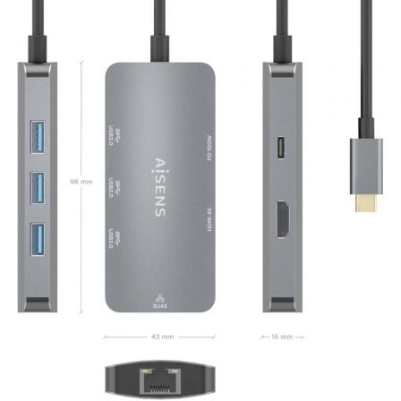 Docking usb tipo-c aisens asuc-6p019-gr/ 1xhdmi 4k/ 3xusb/ 1xrj45/ 1xusb tipo-c pd/ gris - Imagen 3
