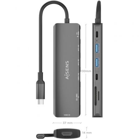Docking usb tipo-c aisens asuc-7p026-gr/ 1xhdmi 4k/ 2xusb/ 1xusb tipo-c / 1xusb tipo-c pd/ 1xlector tarjetas/ gris - Imagen 4