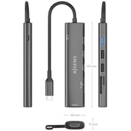 Docking usb tipo-c aisens asuc-7p025-gr/ 1xhdmi 4k/ 3xusb/ 1xusb tipo-c pd/ 1xlector tarjetas/ gris - Imagen 4