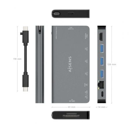 Docking usb tipo-c aisens asuc-8p015-gr/ 1xhdmi 4k/ 3xusb/ 1xrj45/ 1xlector tarjetas / 1xusb tipo-c/ gris - Imagen 4