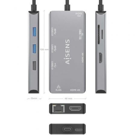 Docking usb tipo-c aisens asuc-9p018-gr/ 2xhdmi 4k/ 3xusb/ 1xrj45/ 1xlector tarjetas/ 1xusb tipo-c pd/ gris - Imagen 3