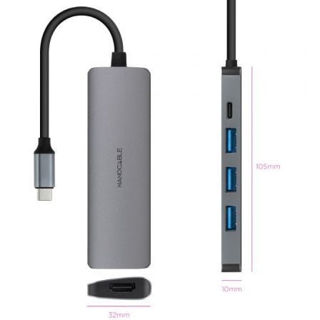 Docking tipo-c nanocable 10.16.4605/ 3xusb/ 1xhdmi 4k/ 1xusb tipo-c pd/ gris - Imagen 2