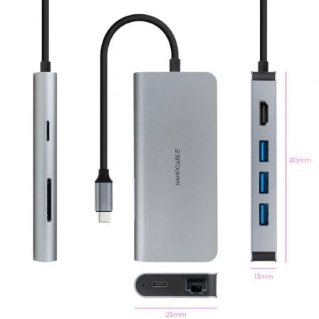 Docking tipo-c nanocable 10.16.4609/ 3xusb/ 1xhdmi 4k/ 1xrj45/ 1xlector tarjetas/ 1xusb tipo-c pd/ gris - Imagen 2