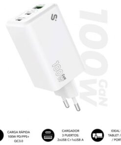 Cargador de pared gan subblim 100w charger usb c+c+a/ 2xusb tipo-c/ 1xusb/ 100w