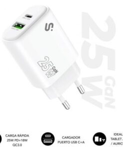 Cargador de pared gan subblim 25w charger usb c+a/ 1xusb tipo-c/ 1xusb/ 25w