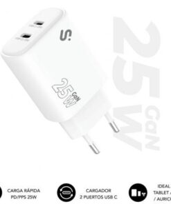 Cargador de pared gan subblim 25w charger usb c+c/ 2xusb tipo-c/ 25w