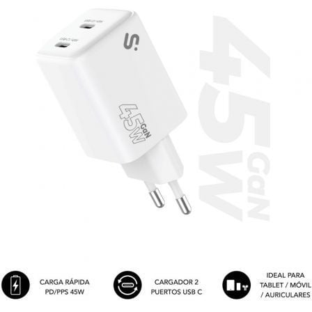 Cargador de pared gan subblim 45w charger usb c+c/ 2xusb tipo-c/ 45w