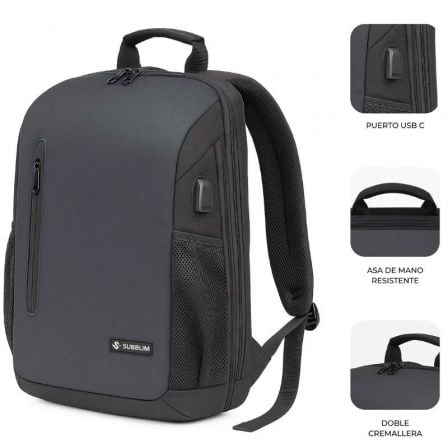 Mochila subblim xpand air padding backpack para portátiles hasta 15.6"/ puerto usb/ negro - Imagen 3