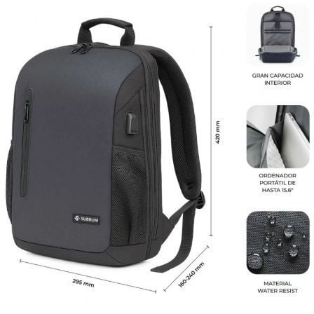 Mochila subblim xpand air padding backpack para portátiles hasta 15.6"/ puerto usb/ negro - Imagen 4