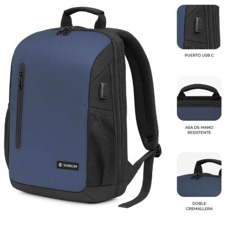 Mochila subblim xpand air padding backpack para portátiles hasta 15.6"/ puerto usb/ azul - Imagen 3