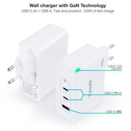 Cargador de pared gan tooq tqwc-ganqc2pd100w/ 2xusb tipo-c/ 1xusb/ 100w - Imagen 2