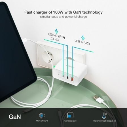 Cargador de pared gan tooq tqwc-ganqc2pd100w/ 2xusb tipo-c/ 1xusb/ 100w - Imagen 4