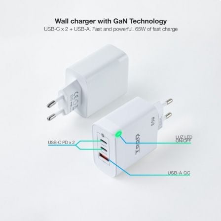 Cargador de pared gan tooq tqwc-ganqc2pd65wt/ 2xusb tipo-c/ 1xusb/ 65w - Imagen 2