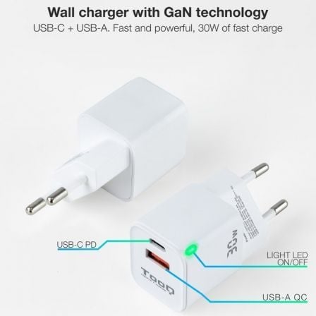 Cargador de pared gan tooq tqwc-ganqcpd30wt/ 1xusb tipo-c/ 1xusb/ 30w - Imagen 2