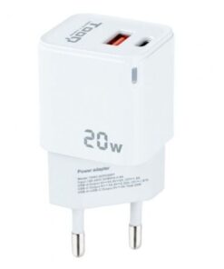 Cargador de pared tooq tqwc-qcpd20wt/ 1xusb-tipo c/ 1x usb/ 20w/ blanco