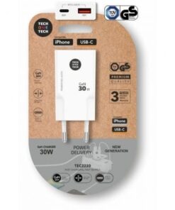 Cargador de pared gan tech one tech gan tec2230/ 1xusb tipo-c/ 1xusb/ 30w/ blanco