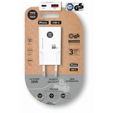 Cargador de pared gan tech one tech gan tec2230/ 1xusb tipo-c/ 1xusb/ 30w/ blanco
