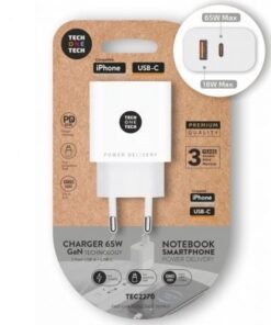 Cargador de pared gan tech one tech gan tec2270/ 1xusb tipo-c/ 1xusb/ 65w/ blanco