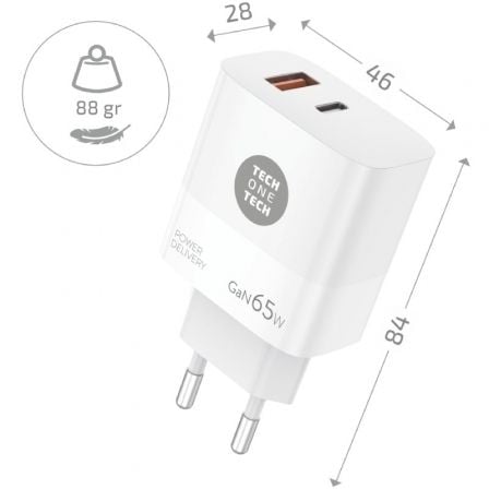 Cargador de pared gan tech one tech gan tec2270/ 1xusb tipo-c/ 1xusb/ 65w/ blanco - Imagen 2