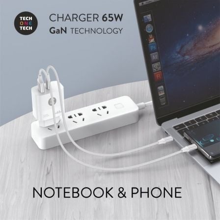 Cargador de pared gan tech one tech gan tec2270/ 1xusb tipo-c/ 1xusb/ 65w/ blanco - Imagen 3