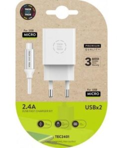 Cargador de pared tech one tech tec2401/ 2xusb + cable micro usb/ 12w/ blanco