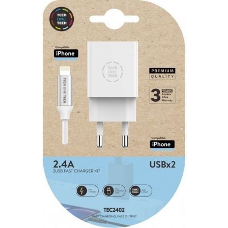 Cargador de pared tech one tech tec2402/ 2xusb + cable lightning/ 12w/ blanco