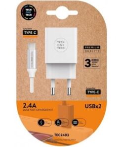 Cargador de pared tech one tech tec2403/ 2xusb + cable usb tipo-c/ 12w/ blanco