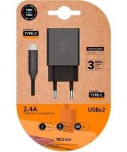 Cargador de pared tech one tech tec2423/ 2xusb + cable usb tipo-c/ 12w/ negro